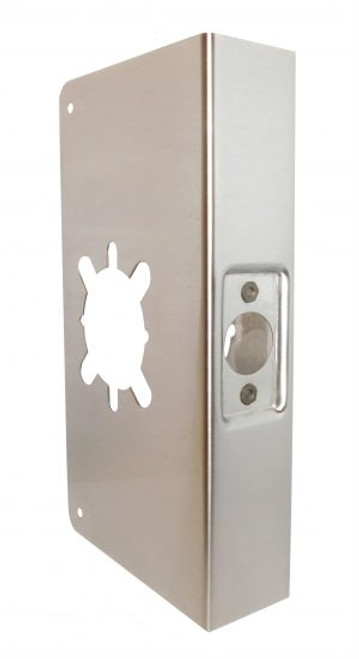 General Lock Remodeling Wrap-Around Plate for Cylindrical Locks with Thru-Bolts, 2-3/4" Backset, 1-3/4" Door, 2-1/8" Crossbore Hole, 4-3/4" Wide X 9" High, US32D Brushed Stainless Steel Finish