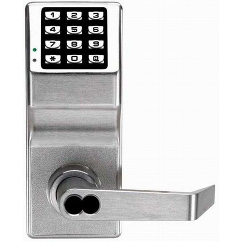 Alarm Lock Trilogy DL2700IC US26D Alarm Lock Pushbutton Cylindrical Door Lock, 100 Users, Straight Lever, Small Format Interchangeable Core (less core) Prepped in Satin Chrome