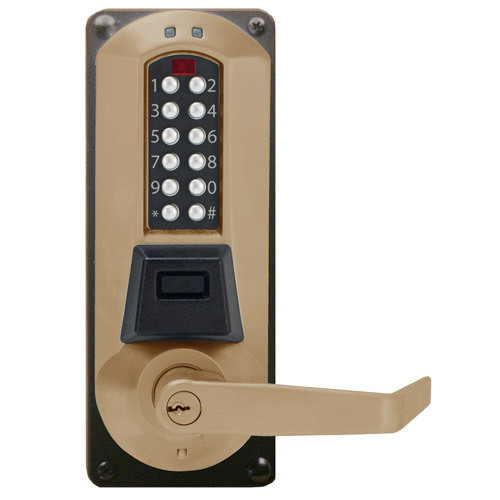Eplex E5086CWLl-744-41 Electronic Pushbutton Lever Lock with Corbin Core Override Mortise Lock in Dark Bronze with Brass Accents Eplex E5086CWLl-744-41 Electronic Pushbutton Lever Lock with Corbin Core Override Mortise Lock in Dark Bronze with Brass Accents