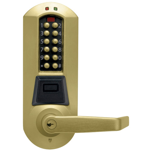 DormaKaba E5731XKWL-606-41 E-Plex 5700 Cylindrical Prox Lock, 3,000 Access Codes, 30,000 Audit Events, KIL, Kaba 90 Keyway, 2-3/4" Backset, 1/2" Throw, Satin Brass Dormakaba Eplex E5731XKWL-606-41 Pushbutton Cylindrical Lever Dual Credential Lock and Schlage Core Override in Satin Brass
