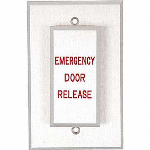 Dortronics W5286-P24xE5 Maintained Action Push Plate Single Gang Switch 3 inch Wide Back Plate, "EMERGENCY DOOR RELEASE" in Red Letters Dortronics W5286-P24xE5 Maintained Action Push Plate Single Gang Switch 3 inch Wide Back Plate, "EMERGENCY DOOR RELEASE" in Red Letters
