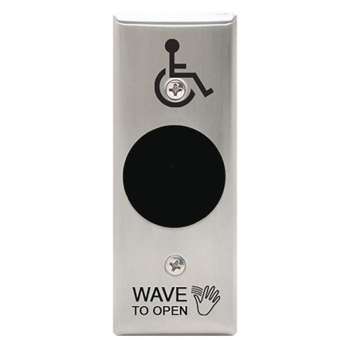 Camden CM-330L1/42SN — Camden Touchless Actuators SureWave Active Infrared Hands-Free Switch, Battery Powered, Wireless, With Hand Icon, 'Wave to Open' Text, and Wheelchair Symbol Logo, Satin Stainless Steel Camden CM-330L1/42SN — Camden Touchless Actuators SureWave Active Infrared Hands-Free Switch, Battery Powered, Wireless, With Hand Icon, 'Wave to Open' Text, and Wheelchair Symbol Logo, Satin Stainless Steel