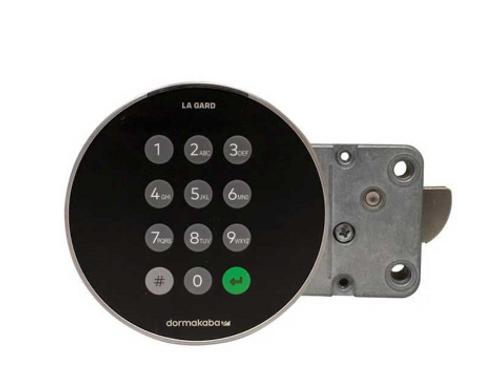 LA GARD Basic Keypad & Swing Bolt Lock Assembly, Dual Handed, Requires One (1) 9 Volt Battery, 6" Spindle, Satin Chrome Dormakaba LA GARD LGK-BASIC-SW-00-SC Basic Keypad & Swing Bolt Lock Assembly, Dual Handed, Requires One (1) 9 Volt Battery, 6" Spindle, Satin Chrome