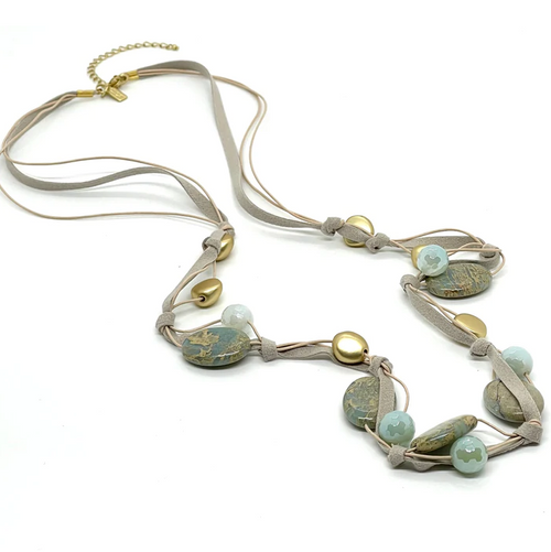 BLUE AQUA TERRA AND AQUA GLAZED AGATE MATTE GOLD NATURAL SUEDE LAYER NECKLACE