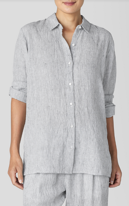 STRIPED CRINKLE ORGANIC LINEN CLASSIC COLLAR LONG SHIRT