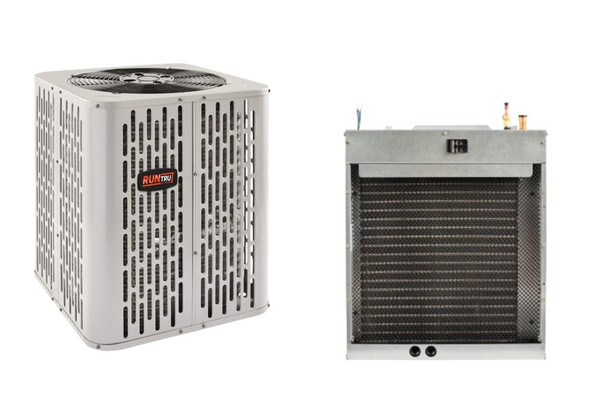 2 Ton 14 SEER, RunTru brand, by Trane (Sku# RT156) Heat Pump Split System Air Conditioner Condenser Model: A4HP4023A1000A Dimensions (HxWxD): 28.6"H x 25.6"W x 25.6"D Air Handler Model: GMU2AEB37051S* Dimensions (HxWxD): 30" x 22" x 19" GM* Models come with factory installed heaters. Upflow Only Air Handler