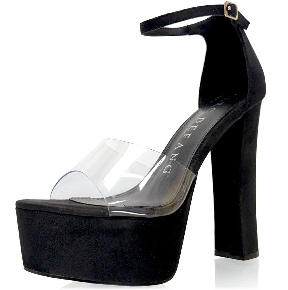 Black Sueded 6" Block Heel Clear Peep Toes