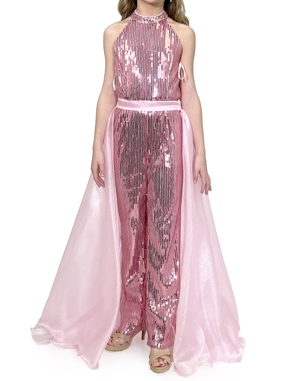 Glitter Pink Halter Layered Overskirt Kids Pageant Jumpsuit