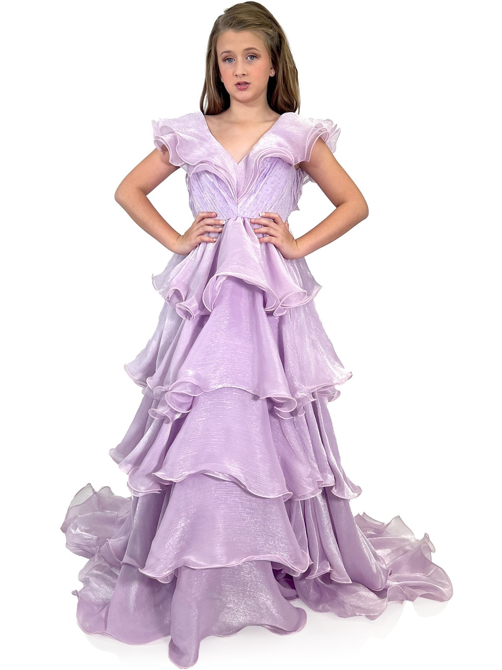 Ruffle V neck multilayered evening dress