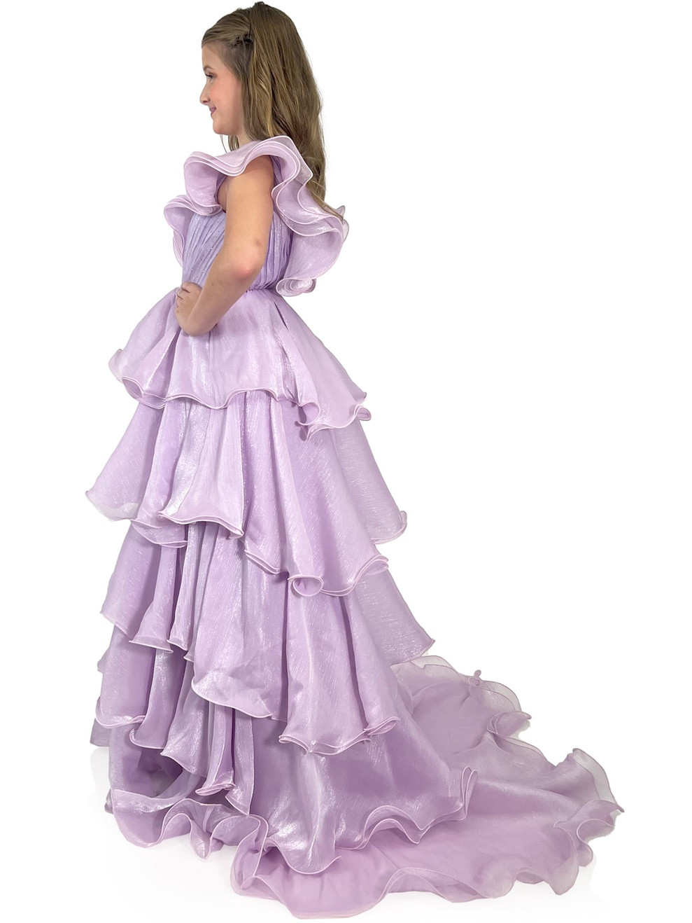 Ruffle V neck multilayered evening dress