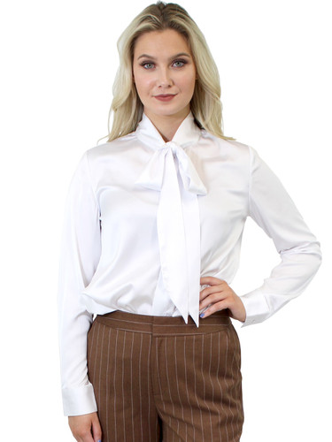 ♡Ezick♡Clenched canele ribbon tie blouse Bow Tie Detail Sateen Blouse - Navy