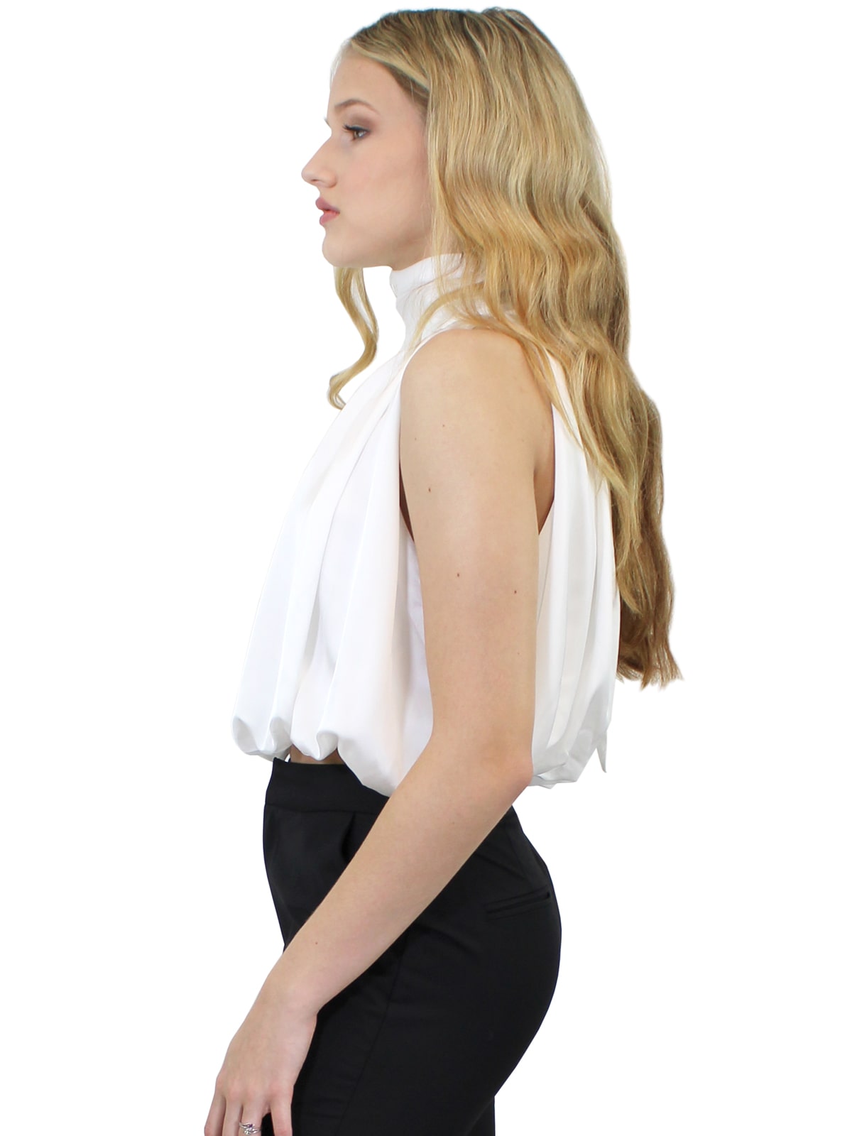 Hella 　HIGHNECK RIB CUTSEW Satin Crepe Turtle Neck Top w Back Bow Details