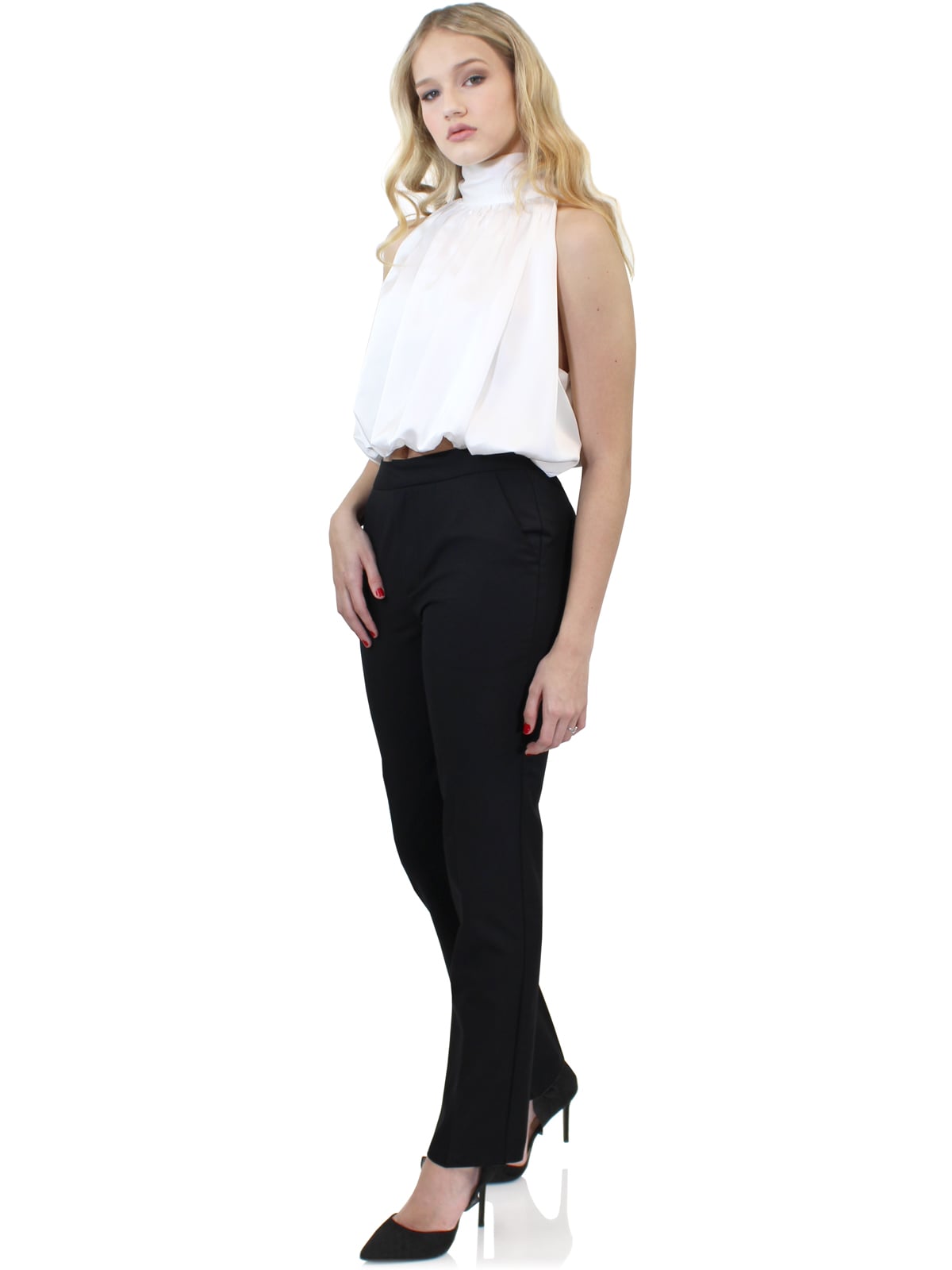 Satin Crepe Turtle Neck Top w Back Bow Details
