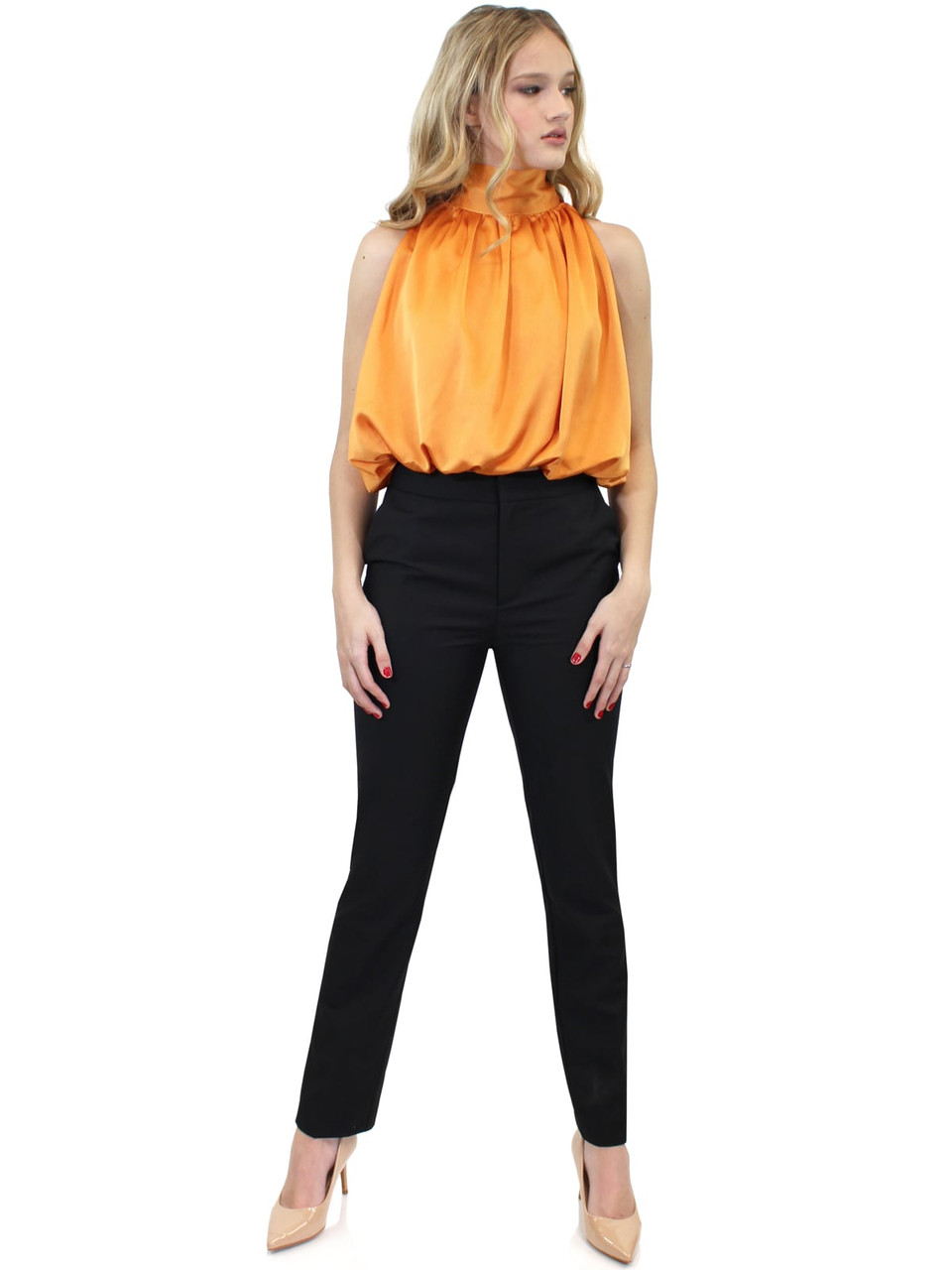Hella 　HIGHNECK RIB CUTSEW Satin Crepe Turtle Neck Top w Back Bow Details