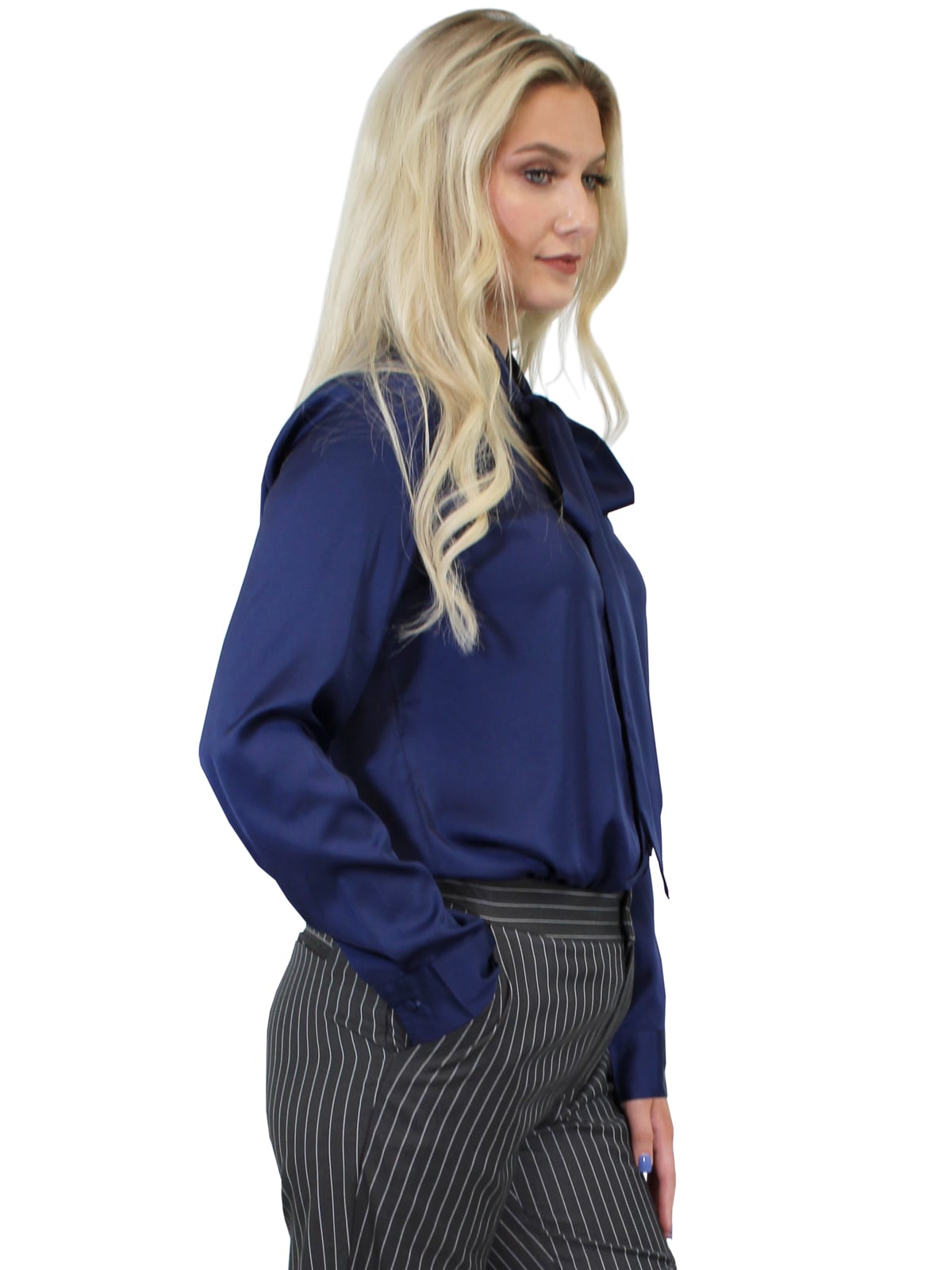 ♡Ezick♡Clenched canele ribbon tie blouse Bow Tie Detail Sateen Blouse - Navy