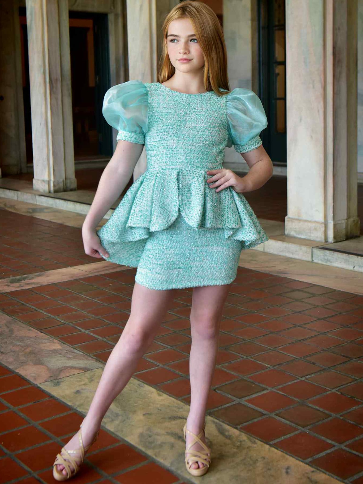 Tweed bubble sleeve interview dress