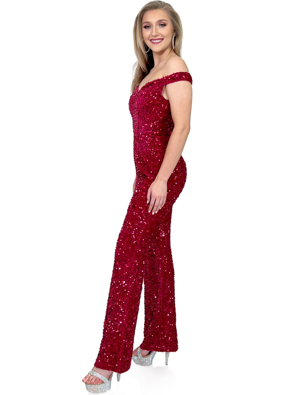 Off shoulder velvet sequins jumpsuits