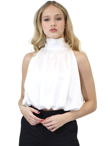 Satin Crepe Turtle Neck Top w Back Bow Details