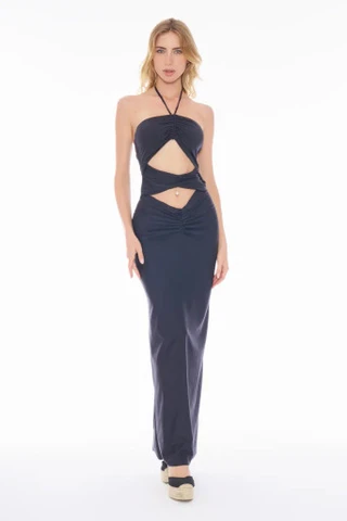 Abito Lungo Nero con Coulisse e Drappeggio