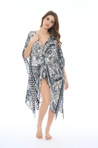 Poncho Stampato con Frange Bianco e Nero