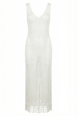 Long Dress Mesh Cover-Up with Fringe and Trimmings