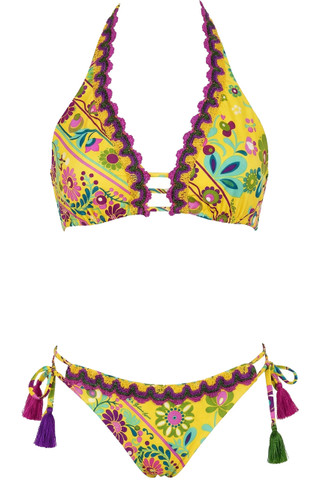 Bikini Top a Vela Floreale e Ricami in Pizzo e Slip Regular