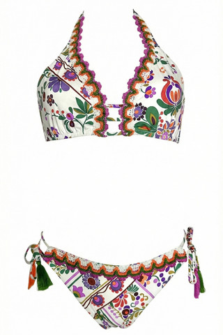 Bikini Top a Vela Floreale e Ricami in Pizzo e Slip Regular