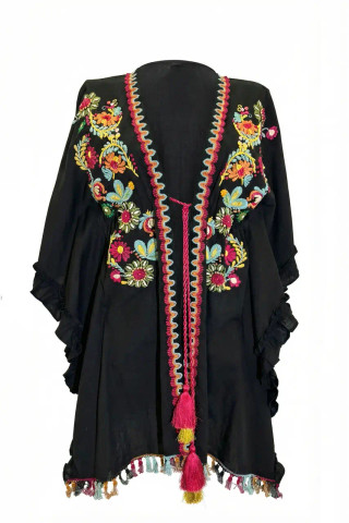 Folk Poncho with embroidery and tassels
