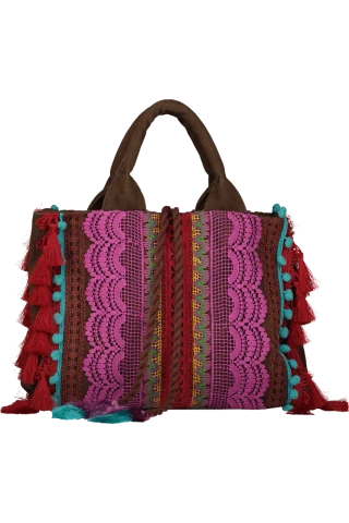 Borsa Tote con Pizzo e Nappe Multicolor