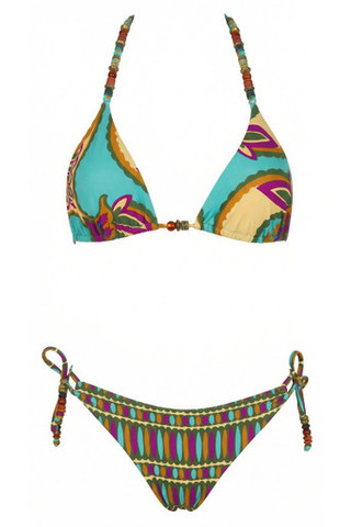 Bikini Triangolo Damascato con Pietre Colorate e Slip Regular