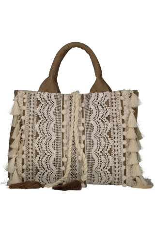 Canvas Tote Bag with Lace and Tassels