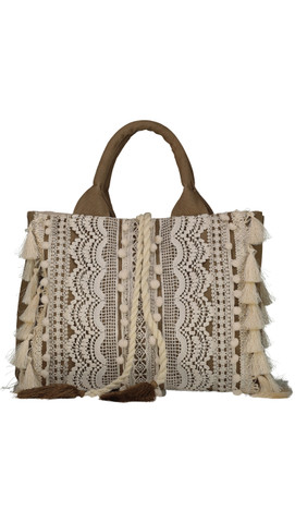 Canvas Tote Bag with Lace and Tassels