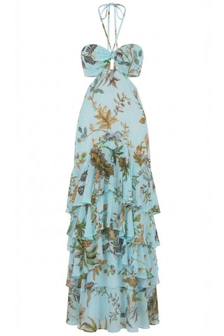 Abito Lungo Tropicale Cut-out con Balze