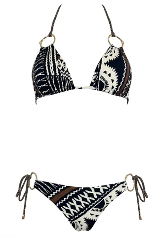 Ethnic Triangle Bikini with Gold Ring Details and Brazilian Slip