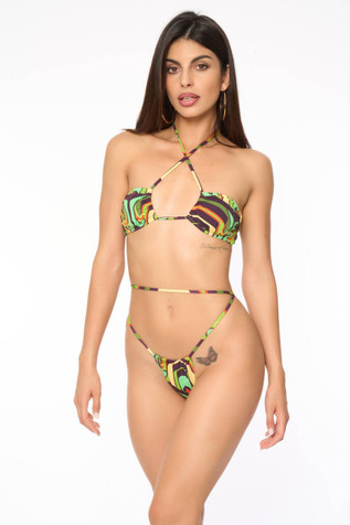 Bandeau bikini with crossover and sliding bottom