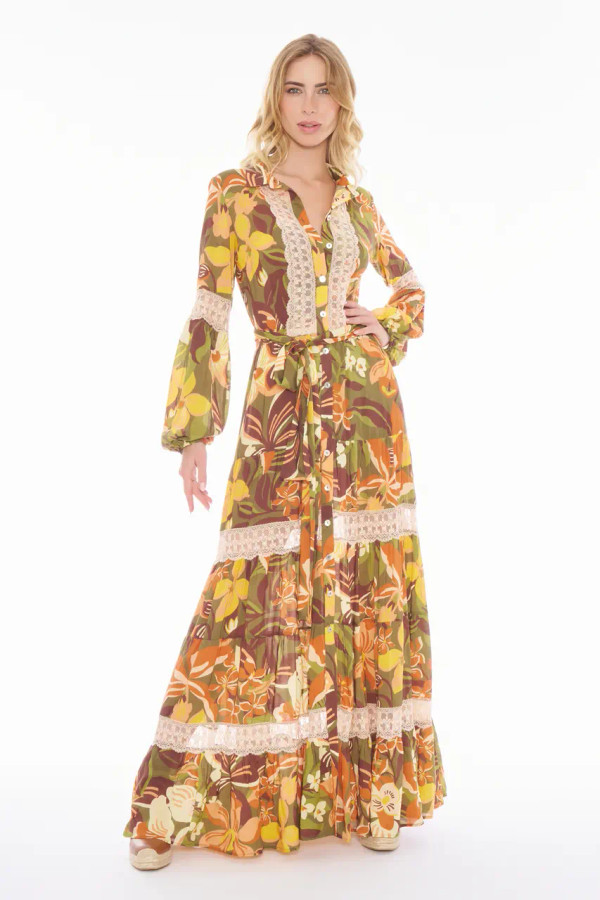 Abito Lungo Chemisier a Fiori con Cintura