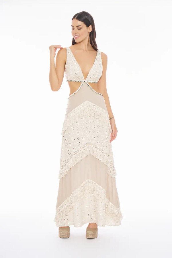 Abito Lungo in Sangallo con Dettagli Cut Out