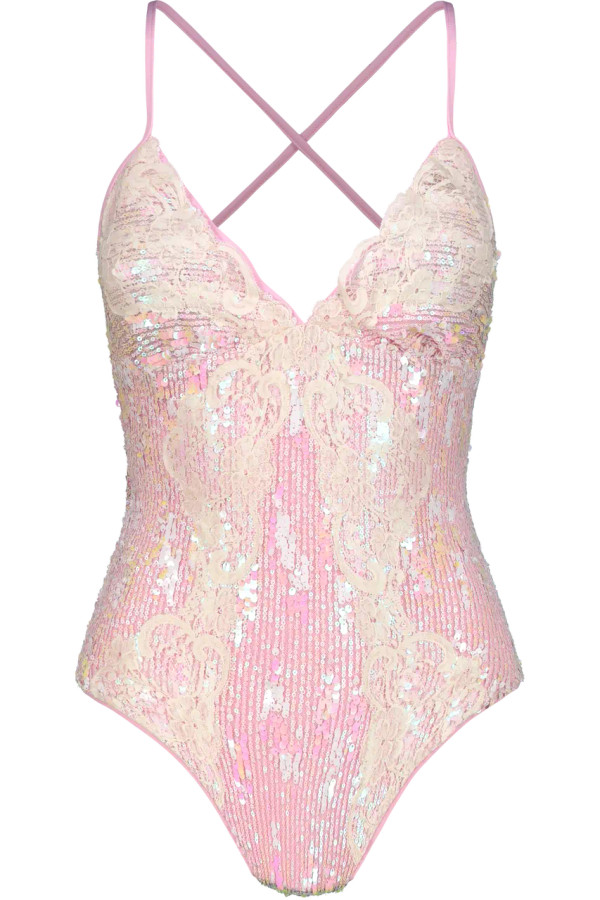 Costume Intero con Paillettes e Rifiniture in Pizzo