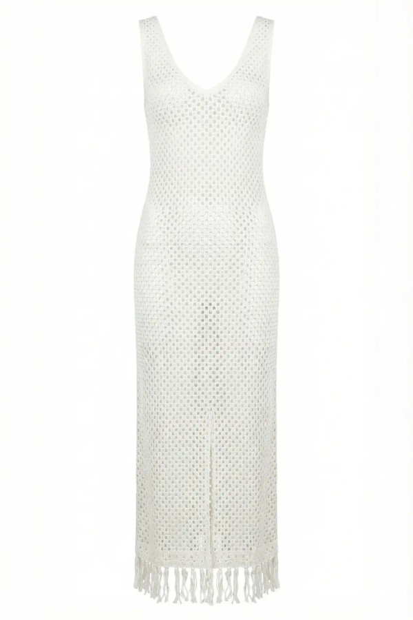 Abito Lungo Copricostume in Rete con Frange e Passamaneria