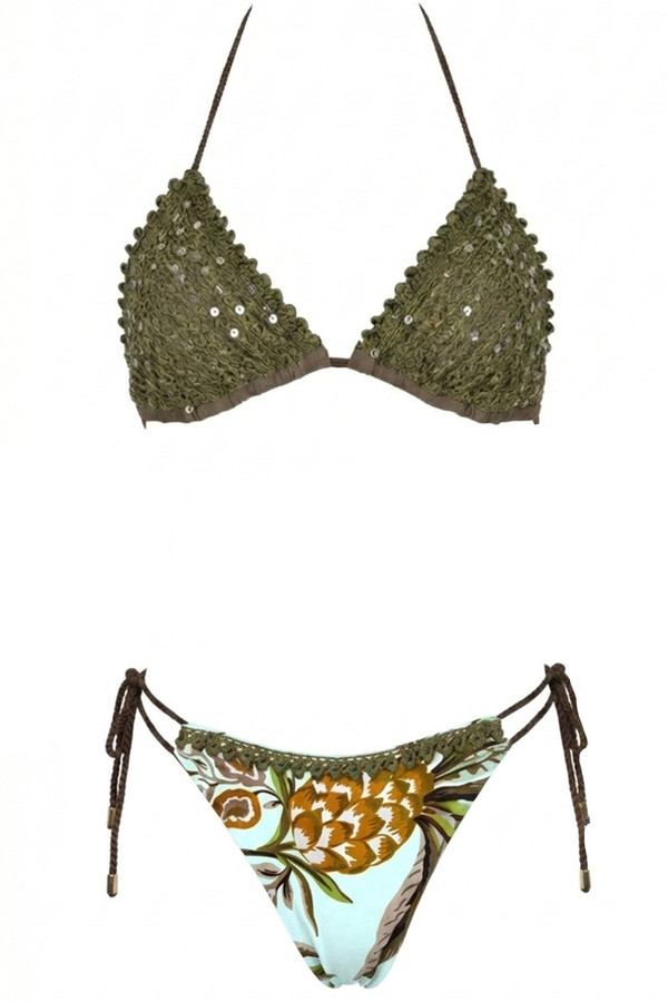 Tropical Triangle Bikini with Pailettes and Embroidery and Brazil Briefs