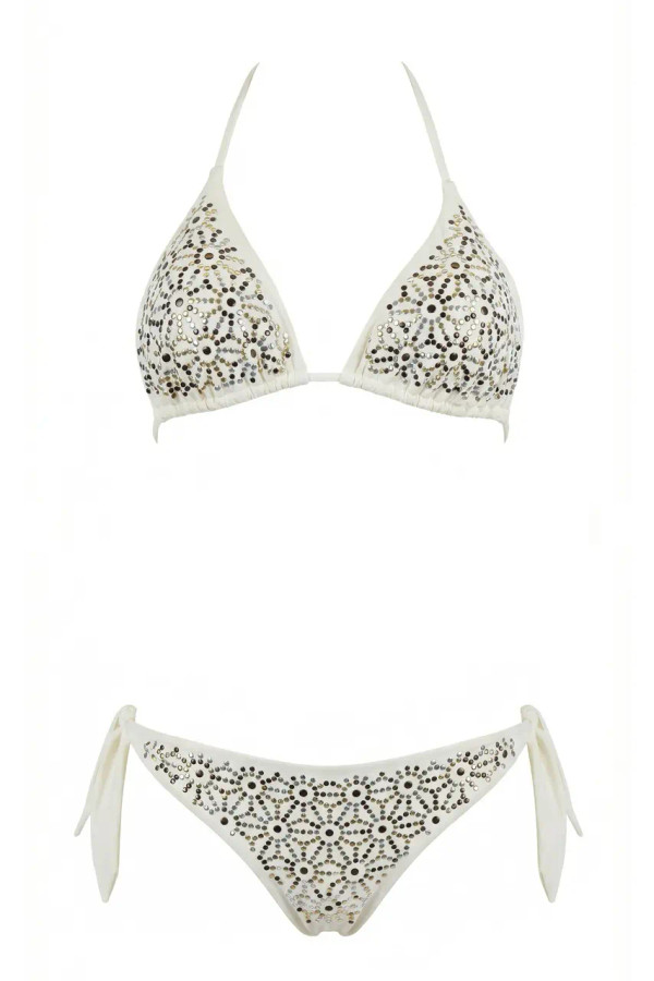 Bikini a Triangolo con Borchie Cromate e Slip Brasiliana