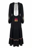 Folk Long Dress with Floral Embroidery - BLACK