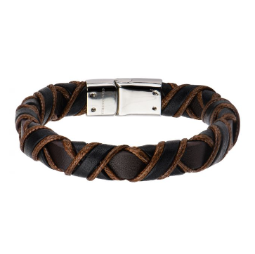INOX Clasp with Woven Black and Light Brown Leather Bracelet