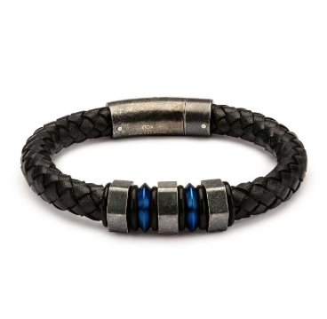 INOX Black Braided Leather with Steel Blue Plated & Gray Beads Bracelet