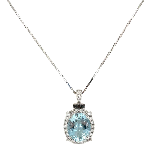 14 Karat White Gold 3.00ct Aquamarine Pendant with Black Diamonds