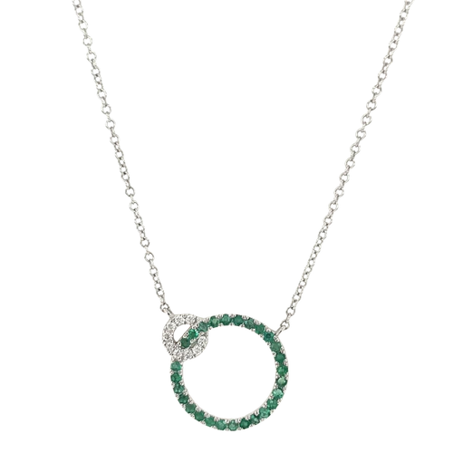 14 Karat White Gold Emerald and Diamond Circle Necklace