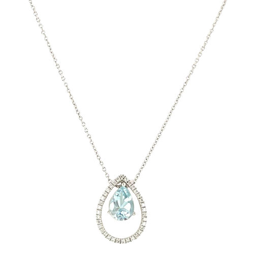 14 Karat White Gold Necklace with Pear Aquamarine and Diamonds