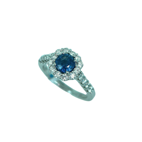 Lady's White 14 Karat Fashion Ring With Round Sapphire And Diamonds