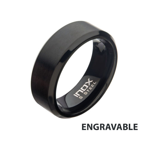 8mm Matte Finish Black IP Steel Beveled Comfort Fit Ring