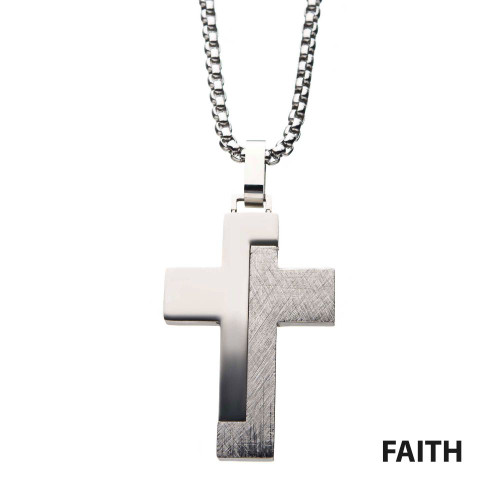 Modern Block-Textured Stainless Steel Cross Pendant